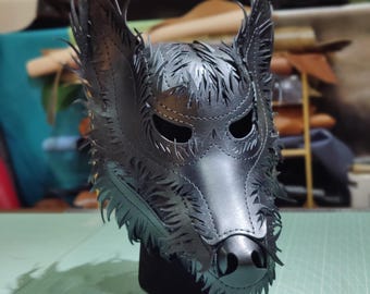 Handgemaakt leren wolvenmasker | Zwart dierenkostuummasker | Cosplay- en festivalhoofddeksels