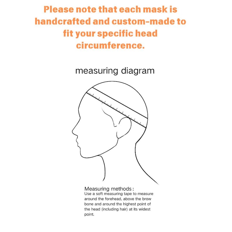 May include: Diagram illustrating head circumference measurement for a mask. The image includes a side profile of a head with a measuring tape, along with text explaining the measuring method. The text states that each mask is handcrafted and custom-made.