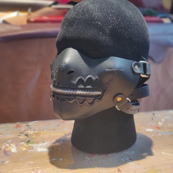 Handmade Black Leather Steampunk Mask: Silver Zipper, Gothic Cosplay