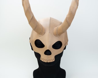 Handmade Leather Skull Mask with Horns | Unique Masquerade Helmet