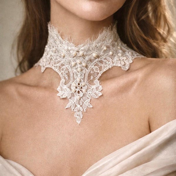 Handmade Lace Choker with Pearls, Natural Ivory Lace Collar, Romantic Bridal Necklace, Victorian Inspired