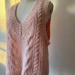 Soft Alpaca Vest in Powder Pink | Handmade with Cable and Aran Knit Patterns. Luxury Powder Pink Alpaca Vest | Hand-Spun Knit with Cable & A