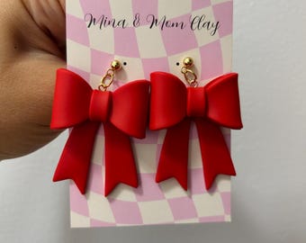 Red Bow Earrings / Polymer Clay Earrings
