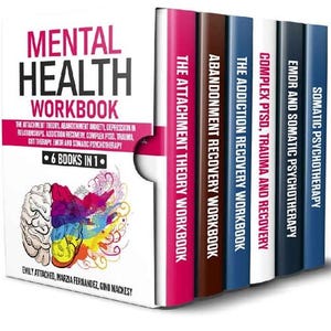 May include: A set of six mental health workbooks, each with a different focus. The books are bound in colorful covers and feature titles such as "The Attachment Theory Workbook", "Abandonment Recovery Workbook", and "Complex PTSD, Trauma and Recovery".