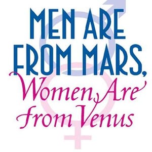 Op de afbeelding: Boekomslag met de titel "Mannen komen van Mars, vrouwen komen van Venus" in blauwe en roze tekst. De naam van de auteur, "John Gray", staat in blauwe tekst onder de titel. De tekst "Meer dan 15 miljoen exemplaren wereldwijd verkocht" staat in kleinere blauwe tekst onder de naam van de auteur.