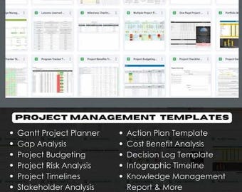 May include: A collection of project management templates, including Gantt charts, action plans, cost benefit analysis, decision logs, and more. These templates are designed to help you plan, track, and manage your projects effectively.