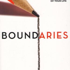 Op de afbeelding: Boekomslag voor "Boundaries" van Dr. Henry Cloud en Dr. John Townsend. De omslag toont een rode potlood die een lijn trekt, met de titel "BOUNDARIES" in grote letters. Bovenin staat "OVER 2 MILLION COPIES SOLD".