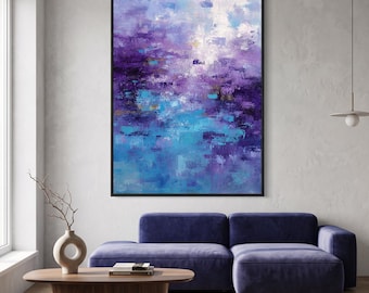 Purple Blue Abstract Oil Painting, Modern Textured Wall Art, Large Original Canvas Artwork for Living Room, Contemporary Home Decor
