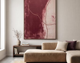 Burgunderrotes Ölgemälde mit minimalistischer Linienstruktur, großes abstraktes Japandi-Wandbild, moderne neutrale Wabi-Sabi-Dekoration für das Wohnzimmer