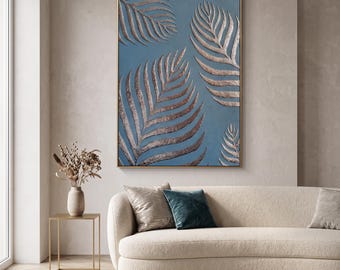 Blue Palm Leaf Relief Oil Painting, Textured Botanical Wall Art, Modern Impasto Canvas Art, Coastal Living Room Decor, Elegant Bedroom Art