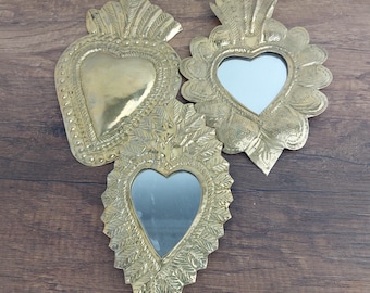 Set of 3 Handmade Brass Heart Mirrors: Moroccan Wall Decor