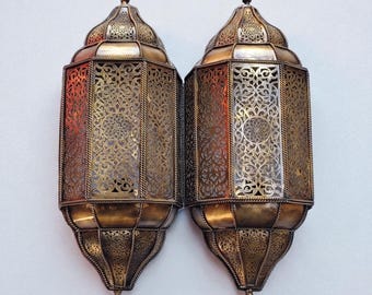 Set of 2 Handmade Moroccan Brass Wall Sconce - Traditional Bronze Wall Lamps