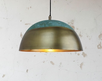 Green Patina Brass Pendant Light – Handmade Dome Lamp
