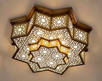 Moroccan Brass Flush Mount Ceiling Light, Handmade Brass Ceiling Light, Star Light Fixture, Hallway Bedroom Lighting