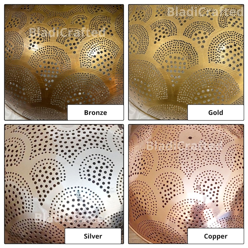 May include: A collection of four metal bowl surfaces featuring a repeating fan-shaped pattern of perforated holes. The finishes include bronze, gold, silver, and copper tones, each labeled with its respective color name in the image.