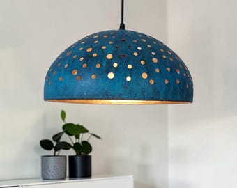 Handmade Blue Copper Pendant Light, Turquoise Dome Ceiling Lamp, Boho Hanging Light, Kitchen Island Chandelier, Entryway Lighting