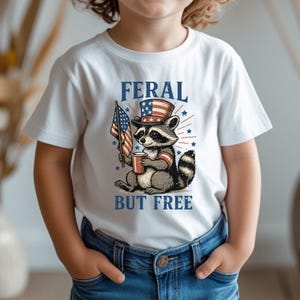Feral but Free Funny Kids T shirt, 4th of July Kids Shirt, America Kids T-Shirt, Independence Day Baby, Raccoon Kids Tee, Feral Kids Tee