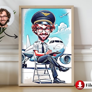 Pilot Cartoon Art Print, Funny Pilot Custom Caricature Drawing From Photo for Aviation Lovers, Unique Retirement Gift for Airline Pilots