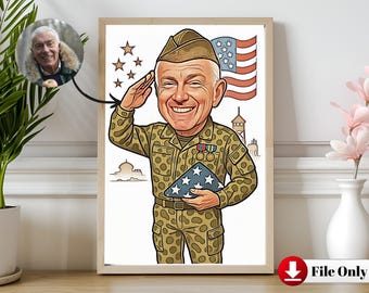 Caricatura personalizzata dell'esercito americano da foto, regalo per il Giorno dei Veterani in pensione, regalo unico per marito o fidanzato, caricatura militare personalizzata