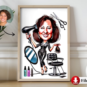 Retrato de caricatura de cosmetóloga personalizada, dibujo de caricatura de cosmetóloga personalizado a partir de una foto, caricatura divertida de peluquero