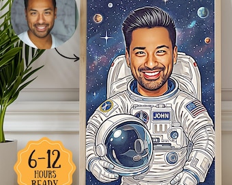 Astronautenportret: gepersonaliseerde ruimtecartoon - handgetekende kunst