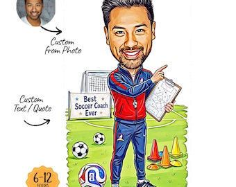 May include: A digital caricature illustration of a soccer coach standing on a field, wearing a red and blue tracksuit, holding a tactical clipboard, and pointing. The scene includes soccer balls, training cones, a goal, and a sign reading Best Soccer Coach Ever.