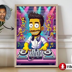 Personalisierte DJ Cartoon, lustige gelbe Cartoon Zeichnung Charakter Kunstdruck, ideal für Party Decor oder Musik Thema, lustiges Geschenk für DJ Enthusiasten