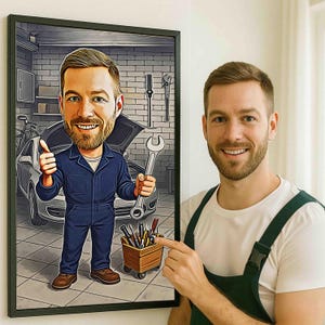 Individuell gefertigte Mechanik-Karikatur vom Foto - personalisiertes Auto-Mechaniker-Logo-Geschenk - niedliche Abschluss-Ingenieur-Geschenkidee für Ihn