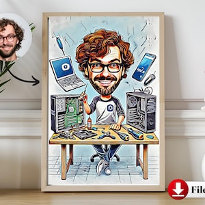 Anpassad ingenjörstecknad film från foto - Rolig maskinteknikpresent till honom - Anpassad karikatyrillustration för ingenjörer