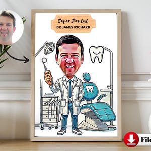 Benutzerdefinierte Cartoon Zahnarzt von Ihrem Foto! Lustige zahntechnische Kunstwerke für Zahnärzte oder Büros. Einzigartige kundenspezifische Karikatur, die ein Lächeln holt!