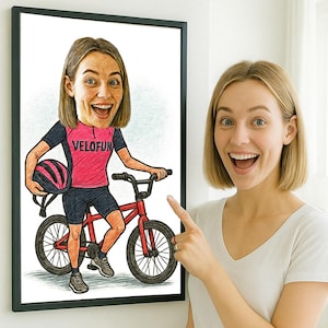 Personalized Cyclist Caricature Gift For Her| Custom Bicycle Cartoon | Unique Cycling Gift | Funny Hand-Drawn Portrait | Ideal for Mother