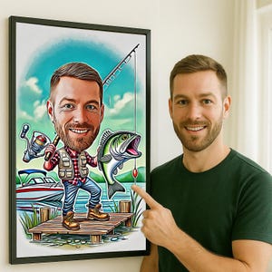Custom Fishing Cartoon From Photo Portrait - Personalized Fisherman Caricature For Retirement Gift - Unique Drawing for Fish Art