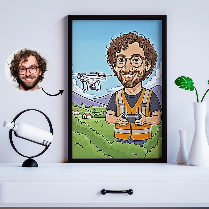 Custom Drone Operator Caricature Portrait | Personalized Drone Pilot Gift | Quadcopter Cartoon | Fun Drone Lover Gift for Brother & Hobbyist image 2