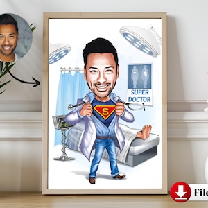 Superhero Doctor Cartoon and Caricature – Custom Portrait & Medical Worker Appreciation Gift - Retirement Gift for Him Her Men Birthday