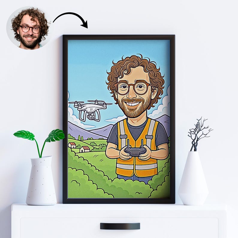 Custom Drone Operator Caricature Portrait | Personalized Drone Pilot Gift | Quadcopter Cartoon | Fun Drone Lover Gift for Brother & Hobbyist image 6
