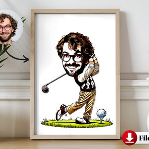 Personalisierte Golfer Cartoon Digitaler Download | Benutzerdefinierte Karikatur vom Foto | Spaß Golf Geschenk | Einzigartiger Golf Kunstdruck, perfektes Geschenk für Golfer
