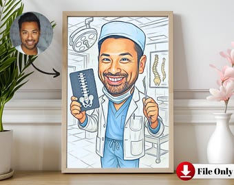 Caricatura personalizada de cirujano: retrato de columna, neurocirugía u ortopedia.
