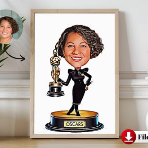 Custom Oscar Award Cartoon Portrait for Her – Personalized Female Caricature, Unique Gift for Film Lovers, Digital Art from Photo