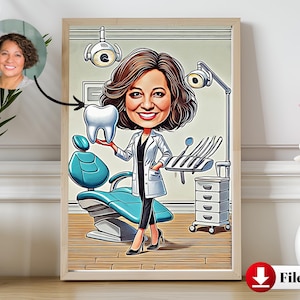Spersonalizowana karykatura przedstawiająca dentystkę – spersonalizowana dekoracja gabinetu stomatologicznego, cyfrowa karykatura – wspaniały prezent dla dentysty – wyjątkowy prezent dla niej