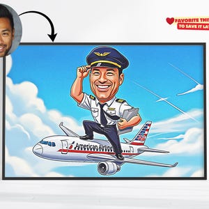 Retrato de piloto de avión personalizado, regalos de caricatura de piloto, regalos de aviación, ideas de regalos de cumpleaños de piloto de aerolínea para hombres, regalos para hombres