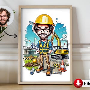 Benutzerdefinierte Bauingenieur Cartoon Geschenk - Karikatur Porträt von Ihrem Foto - Bauarbeiter personalisiertes Geschenk für ihn - männlichen Ingenieur