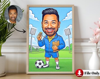 Personalized Soccer Coach Gift, Custom Football Cartoon From Photo (Digital Download)