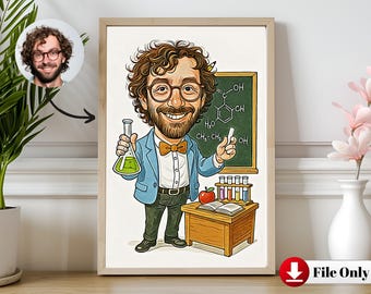 Custom Chemistry & Science Teacher Cartoon From Photo - Best Teacher Gift Idea For Pupils - Unique Teacher Presents for Classroom Decor