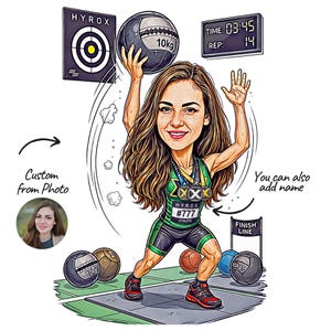 Puede incluir: Una caricatura digital de un atleta con cabello largo castaño vistiendo un conjunto deportivo verde y negro, sosteniendo un balón medicinal de 10 kg. La escena incluye un objetivo Hyrox, un temporizador digital con 03:45 y 14 repeticiones y una meta.