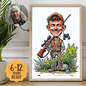 Custom Hunter Drawing From Photo | Dad Birthday Gift | Personalized Hunting Portrait | Unique Cartoon Keepsake