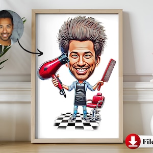 Personalized Barber Cartoon Portrait - Custom Hairdresser Caricature Gift for Salons, Stylists, and Barbers - Unique Cartoon Barber Gift Art