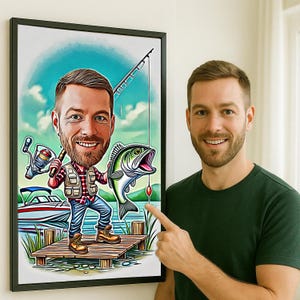 Dibujo animado de pesca personalizado a partir de un retrato fotográfico - Caricatura de pescador personalizada para regalo de jubilación - Dibujo único para el arte de los peces