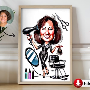 Gepersonaliseerde schoonheidsspecialist cartoonportret, aangepaste karikatuurtekening schoonheidsspecialist van foto, grappige kapperkarikatuur