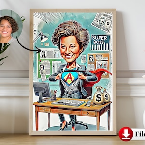 Caricatura de jefa superheroína personalizada / Caricatura de líder de oficina personalizada / Regalo de jefa único y divertido para ella / Regalo para ella