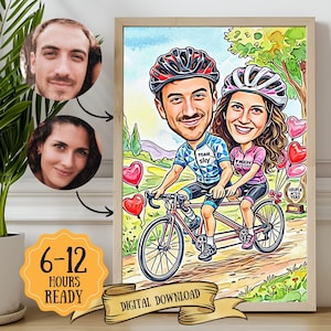 Caricatura personalizada de pareja ciclista a partir de una foto: dibujo a mano, regalo de San Valentín para mamá y papá, regalo divertido de cumpleaños para novios.